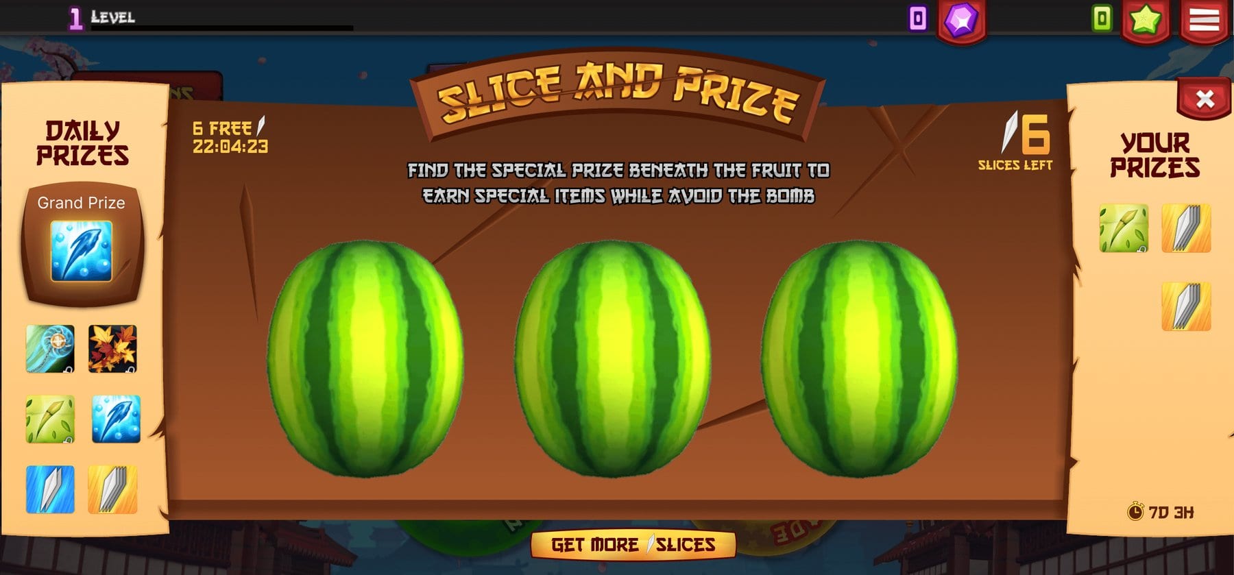Slice and Prize minigame board